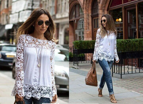 Long sleeve hollow flower lace shirt
